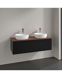 Meuble vasque Villeroy &amp; Boch Antao L35112PD avec éclairage, 1 tiroir, 1200 x 360 x 500 mm, façade texturée, laque noire mate / noyer chaud