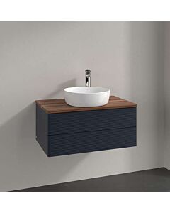 Meuble vasque Villeroy &amp; Boch Antao L19152HG avec éclairage, 2 tiroirs, 800 x 360 x 500 mm, façade texturée, laque mate bleu nuit / noyer chaud