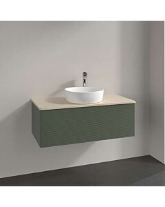 Villeroy und Boch Antao Waschtisch-Unterschrank L31113HL mit Beleuchtung, 1 Auszug, 1000 x 360 x 500 mm, Front mit Struktur, Leaf Green Matt Lacquer / Botticino