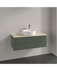 Meuble vasque Villeroy &amp; Boch Antao K20153HL 100 x 36 x 50 cm, percé pour robinetterie, plan vasque couleur Botticino, laque mate vert feuille