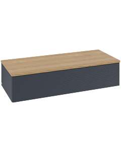 Buffet Villeroy &amp; Boch Antao L41101HG avec éclairage, 1 tiroir, 1200 x 268 x 500 mm, façade texturée, laque mate bleu nuit / chêne miel
