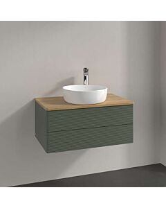 Meuble vasque Villeroy &amp; Boch Antao L19151HL avec éclairage, 2 tiroirs, 800 x 360 x 500 mm, façade texturée, laque mate Vert Feuille / Chêne Miel