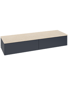 Buffet Villeroy &amp; Boch Antao L42003HG avec éclairage, 2 tiroirs, 1600 x 268 x 500 mm, façade lisse, laque mate bleu nuit / Botticino