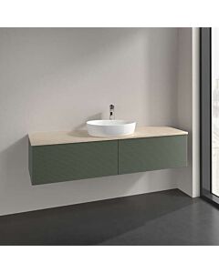 Meuble vasque Villeroy &amp; Boch Antao L36113HL avec éclairage, 2 tiroirs, 1600 x 360 x 500 mm, façade texturée, laque mate Vert Feuille / Botticino