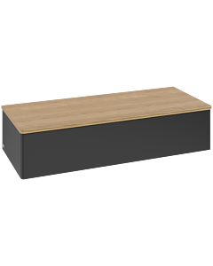 Buffet Villeroy &amp; Boch Antao L41001PD avec éclairage, 1 tiroir, 1200 x 268 x 500 mm, façade lisse, laque noire mate / chêne miel