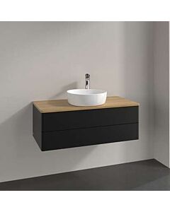 Meuble vasque Villeroy &amp; Boch Antao L20051PD avec éclairage, 2 tiroirs, 1000 x 360 x 500 mm, façade lisse, laque noire mate / chêne miel