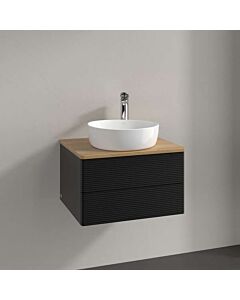 Meuble vasque Villeroy &amp; Boch Antao L18151PD avec éclairage, 2 tiroirs, 600 x 360 x 500 mm, façade texturée, laque noire mate / chêne miel