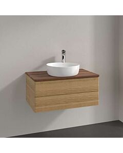 Meuble vasque Villeroy &amp; Boch Antao L19152HN avec éclairage, 2 tiroirs, 800 x 360 x 500 mm, façade texturée, Chêne miel / Noyer chaud