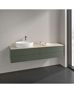 Meuble vasque Villeroy &amp; Boch Antao L26153HL avec éclairage, 4 tiroirs, 1600 x 360 x 500 mm, façade texturée, laque mate Vert Feuille / Botticino