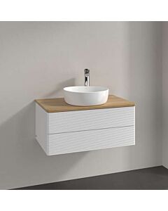 Meuble vasque Villeroy &amp; Boch Antao L19151GF avec éclairage, 2 tiroirs, 800 x 360 x 500 mm, façade texturée, laque blanche brillante / chêne miel