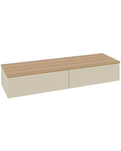 Buffet Villeroy &amp; Boch Antao L42001HJ avec éclairage, 2 tiroirs, 1600 x 268 x 500 mm, façade lisse, laque mate Gris Soie / Chêne Miel