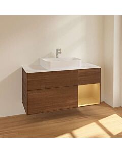 Villeroy &amp; Boch Finion vanity unit F171HFGN with lighting, 1200 x 603 x 501 mm, white matt top panel, gold matt shelf on the right, walnut veneer