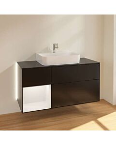 Villeroy und Boch Finion Waschtischunterschrank G162HFPD mit Beleuchtung, 3 Auszüge, 1200 x 603 x 501 mm, Black Matt Lacquer / Gold Matt Lacquer / Glass Black Matt