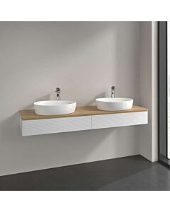 Meuble vasque Villeroy &amp; Boch Antao L17151GF avec éclairage, 2 tiroirs, 1600 x 190 x 500 mm, façade texturée, laque blanche brillante / chêne miel