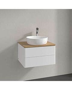 Meuble vasque Villeroy &amp; Boch Antao K18051MT 60x36x50cm, percé pour robinetterie, plan vasque couleur chêne miel, laque blanche mate