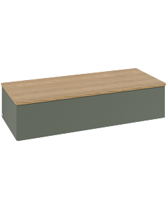 Buffet Villeroy &amp; Boch Antao L41101HL avec éclairage, 1 tiroir, 1200 x 268 x 500 mm, façade texturée, laque mate Vert Feuille / Chêne Miel