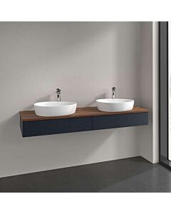 Meuble vasque Villeroy &amp; Boch Antao L17152HG avec éclairage, 2 tiroirs, 1600 x 190 x 500 mm, façade texturée, laque mate bleu nuit / noyer chaud