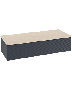 Buffet Villeroy &amp; Boch Antao L41103HG avec éclairage, 1 tiroir, 1200 x 268 x 500 mm, façade texturée, laque mate bleu nuit / Botticino