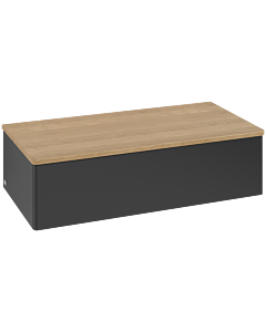 Meuble vasque Villeroy &amp; Boch Antao L40001PD avec éclairage, 1 tiroir, 1000 x 268 x 500 mm, façade lisse, laque noire mate / chêne miel