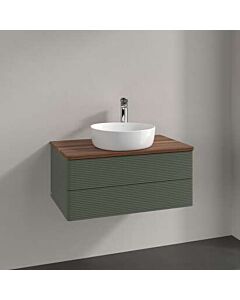 Villeroy &amp; Boch Antao vanity unit L19152HL with lighting, 2 drawers, 800 x 360 x 500 mm, textured front, Leaf Green Matt Lacquer / Warm Walnut