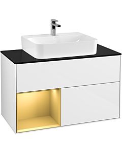 Villeroy und Boch Finion Villeroy und Boch F112HFGF 100cm, couvercle blanc mat, étagère gauche or mat, laqué blanc brillant