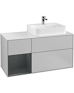 Villeroy und Boch Finion Waschtischunterschrank F141HGGJ 120cm, Abdeckplatte glass white Matt, Regal links Midnight Blue Matt Lacquer, Light grey matt