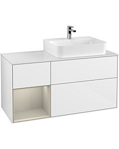 Villeroy und Boch Finion Villeroy und Boch F141HHGF 120cm, plaque de recouvrement verre blanc mat, étagère à gauche Sand Matt Lacquer , laqué blanc brillant