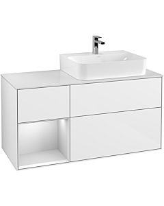 Villeroy und Boch Finion Villeroy und Boch F141MTGF 120cm, plaque de recouvrement verre blanc mat, étagère gauche laqué blanc mat, laqué blanc brillant
