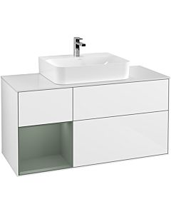 Villeroy und Boch Finion Waschtischunterschrank F161GMGF 120cm, Abdeckplatte white matt, Regal links Olive Matt Lacquer, Glossy white lacquer