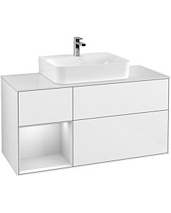 Villeroy und Boch Finion Waschtischunterschrank F161MTGF 120cm, Abdeckplatte white matt, Regal links White matt lacquer, Glossy white lacquer