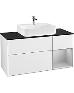 Villeroy und Boch Finion Waschtischunterschrank F172GJGF 120cm, Abdeckplatte black matt, Regal rechts Light grey matt, Glossy white lacquer