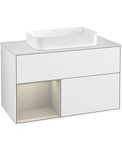 Villeroy und Boch Finion Waschtischunterschrank F241HHGF 100x60,3cm, Abdeckplatte white matt, Regal links Sand Matt Lacquer, Glossy white lacquer