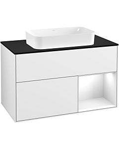 Villeroy und Boch Finion Waschtischunterschrank F252GFGF 100x60,3cm, Abdeckplatte black matt, Regal rechts Glossy white lacquer, Glossy white lacquer