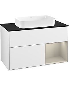 Villeroy und Boch Finion Waschtischunterschrank F252HHGF 100x60,3cm, Abdeckplatte black matt, Regal rechts Sand Matt, Glossy white lacquer