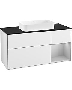 Villeroy und Boch Finion Waschtischunterschrank F302GJGF 120cm, Abdeckplatte black matt, Regal rechts Light grey matt, Glossy white lacquer