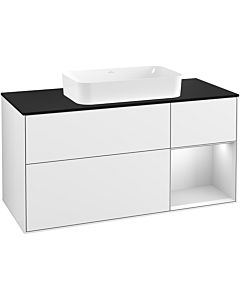 Villeroy und Boch Finion Waschtischunterschrank F302MTGF 120cm, Abdeckplatte black matt, Regal rechts White matt lacquer, Glossy white lacquer