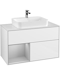 Villeroy und Boch Finion Villeroy und Boch F361GJGF 100cm, plaque de recouvrement blanc mat, étagère gauche gris clair mat, laqué blanc brillant