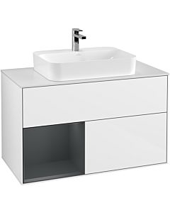 Villeroy und Boch Finion Waschtischunterschrank F361HGGF 100cm, Abdeckplatte white matt, Regal links Midnight Blue Matt Lacquer, Glossy white lacquer