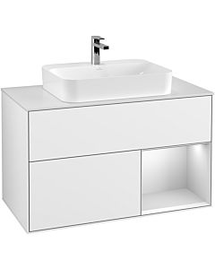 Villeroy und Boch Finion Villeroy und Boch F371MTGF 100cm, plaque de recouvrement blanc mat, étagère à droite laqué blanc mat, laqué blanc brillant