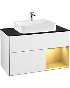 Villeroy und Boch Finion Villeroy und Boch F372HFGF 100cm, plaque de finition noir mat, étagère droite or mat, laqué blanc brillant