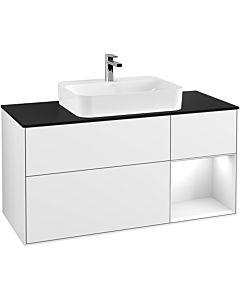 Villeroy und Boch Finion Waschtischunterschrank F422GFGF 120cm, Abdeckplatte black matt, Regal rechts Glossy white lacquer, Glossy white lacquer