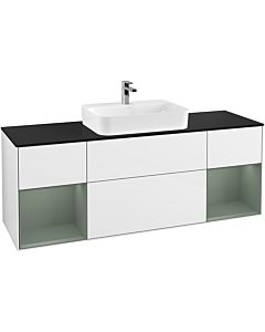 Villeroy und Boch Finion Waschtischunterschrank F452GMGF 160x60,3cm, Abdeckplatte black matt, Regale Olive matt lacquer, Glossy white lacquer