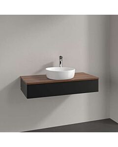 Meuble vasque Villeroy &amp; Boch Antao L09012PD avec éclairage, 1 tiroir, 1000 x 190 x 500 mm, façade lisse, laque noire mate / noyer chaud