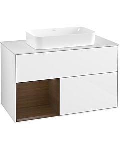 Villeroy und Boch Finion Waschtischunterschrank F651GNGF 100x60,3x50,1cm, Regal links Walnut veneer, Glossy white lacquer