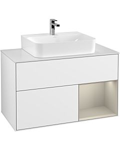 Villeroy und Boch Finion Villeroy und Boch Finion G121HHGF 100cm, cover plate white matt, Emotion, shelf on the right Sand matt, glossy white lacquer