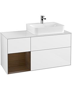 Villeroy und Boch Finion Waschtischunterschrank G141GNGF 120cm, Abdeckplatte white matt, Emotion, Regal links Walnut veneer, Glossy white lacquer