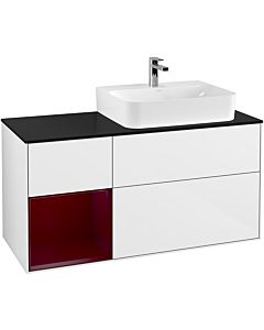 Villeroy und Boch Finion Waschtischunterschrank G142HBGF 120cm, Abdeckplatte black matt, Emotion, Regal links Peony, Glossy white lacquer