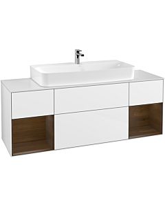 Villeroy und Boch Finion Waschtischunterschrank G211GNGF 160cm, Abdeckplatte white matt, Emotion, Regale Walnut veneer, Glossy white lacquer