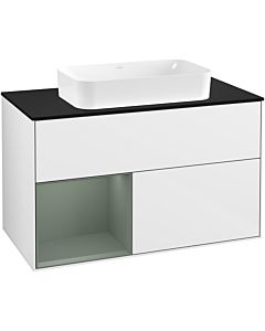 Villeroy und Boch Finion Waschtischunterschrank G242GMGF 100cm, Abdeckplatte black matt, Emotion, Regal links Olive Matt Lacquer, Glossy white lacquer