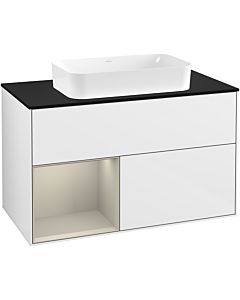 Villeroy und Boch Finion Waschtischunterschrank G242HHGF 100cm, Abdeckplatte black matt, Emotion, Regal links Sand Matt Lacquer, Glossy white lacquer